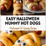 Golden baked Halloween Mummy Hot Dogs wrapped in Crescent Roll dough with candy eyes on a plate.